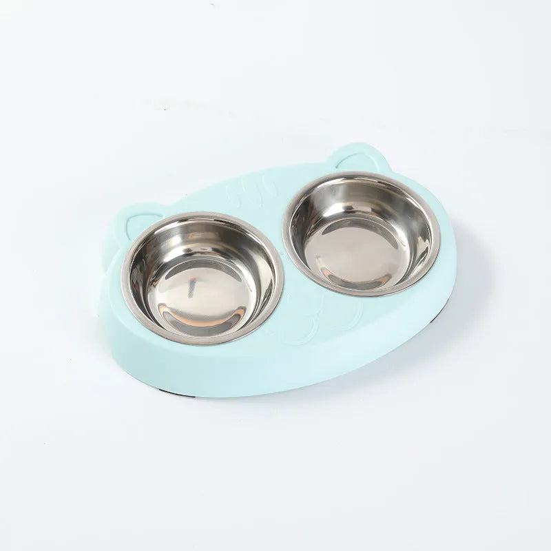 Blue plastic double bowl pet feeder tray with non-slip feet for holding cat or dog food and water dishes.