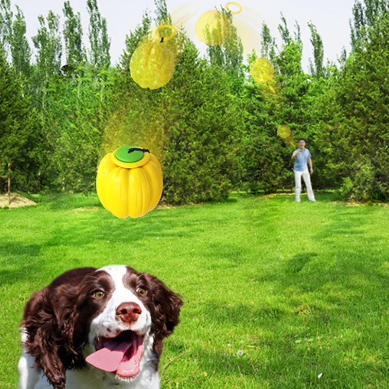 Green, orange, and yellow plastic pumpkin-shaped dog chew toy with squeaker.