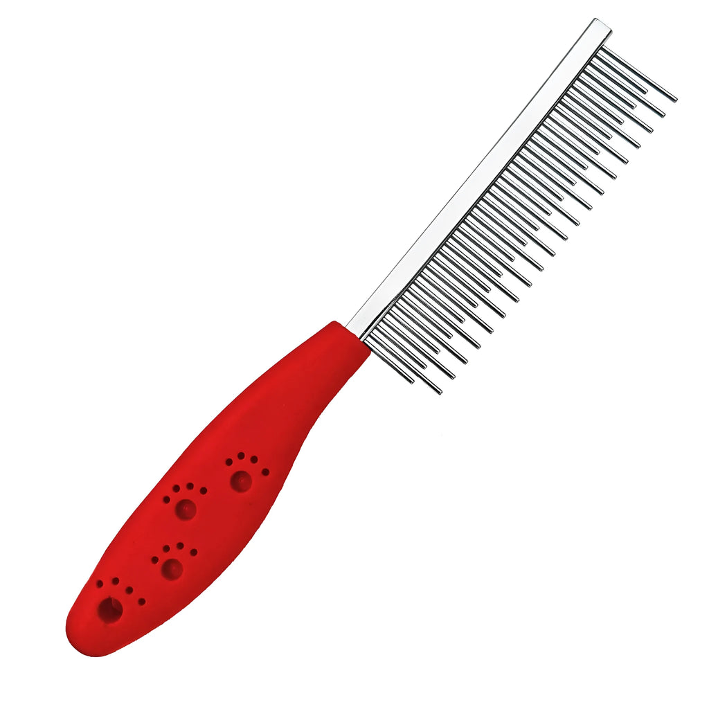 Red pet grooming comb with stainless steel short and long teeth and plastic handle