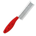 Red pet grooming comb with stainless steel short and long teeth and plastic handle