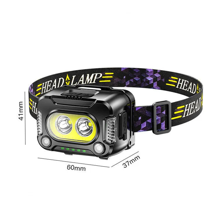 black COB rechargeable headlamp with light sensor for night running and fishing