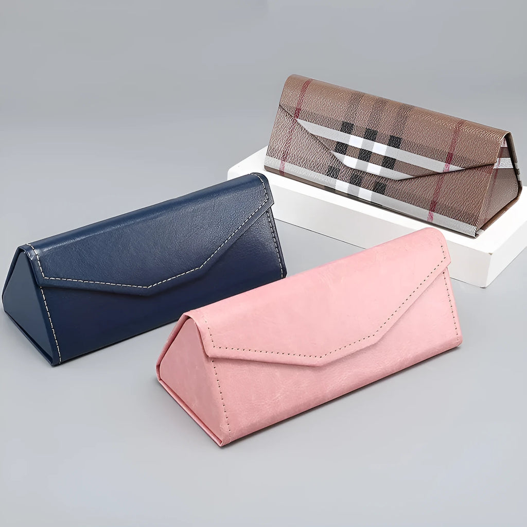 Handmade PU cowhide glasses case in black colour measuring 160x66x16mm for triangle folding frames