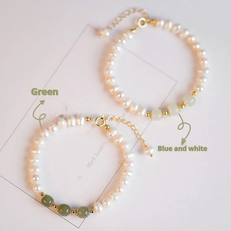 Diamond-shaped freshwater pearl bracelet with electroplated Hetian jade colour in deep or light tone options