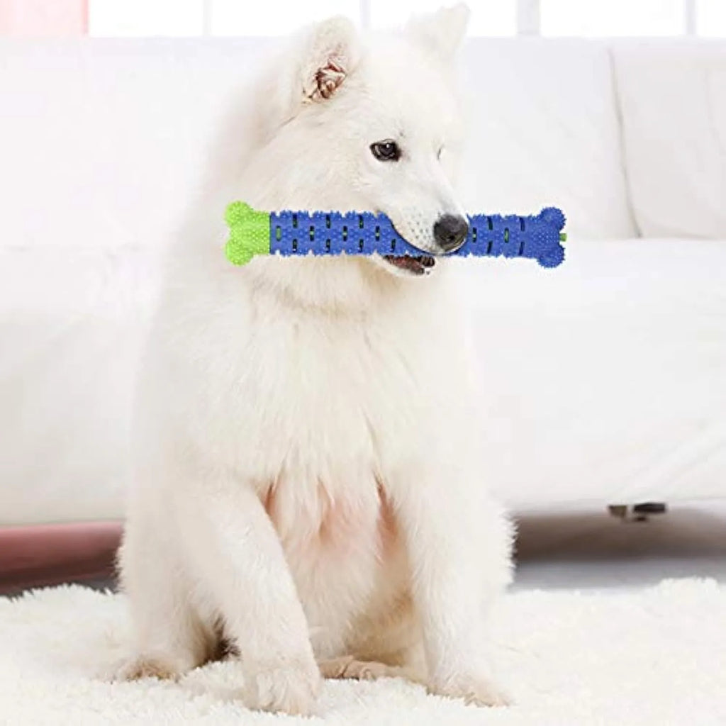 Blue and green silicone dog molar tooth cleaner toy with textured brush head and nodules.