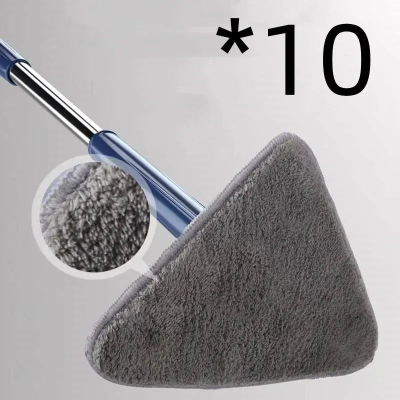 Extendable triangle mop with rotating blue head and stainless steel pole for cleaning corners and walls