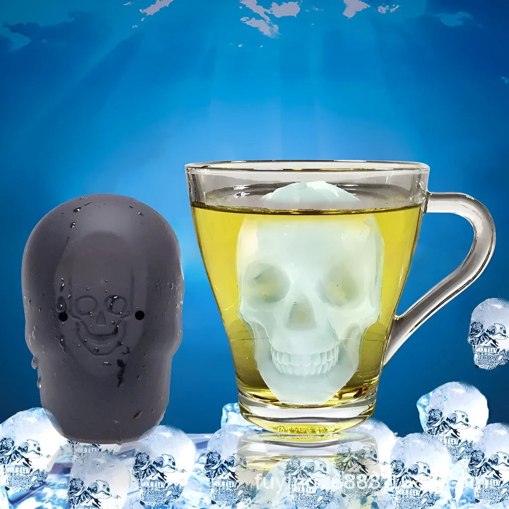 3D silicone Halloween skull ice cube tray showing detailed mould cavities.