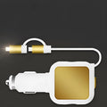 Black and gold dual USB car charger with retractable cable shown plugged into vehicle power socket