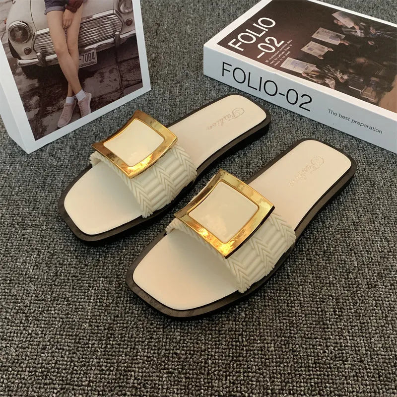 Women's casual flat slippers in apricot, black and khaki colours with PVC soles