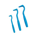 Set of three blue plastic tick removal hooks for pets on a white background.
