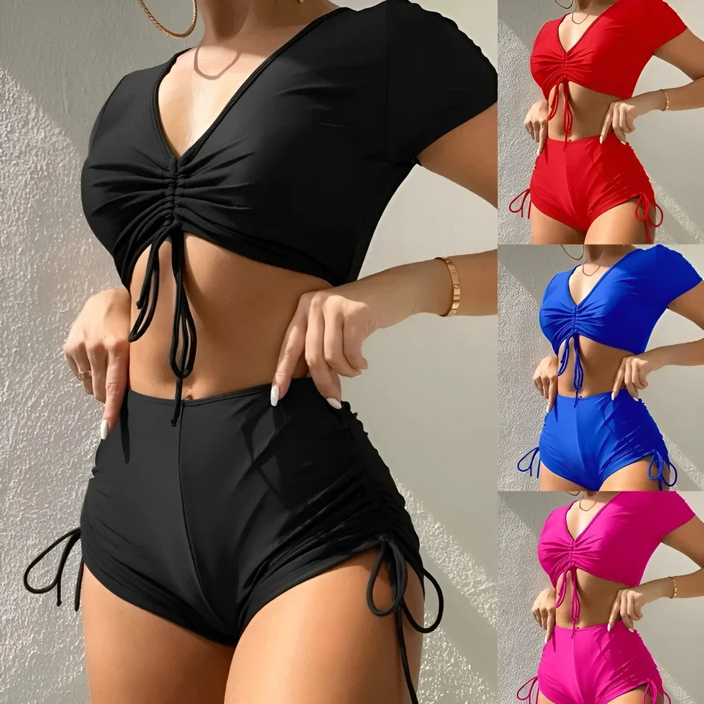 Women's one-piece swimsuit with lace-up front and bow detail in polyester fabric