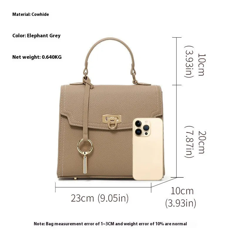 Elephant grey genuine leather crossbody bag with vintage lock and litchi pattern showing square vertical design