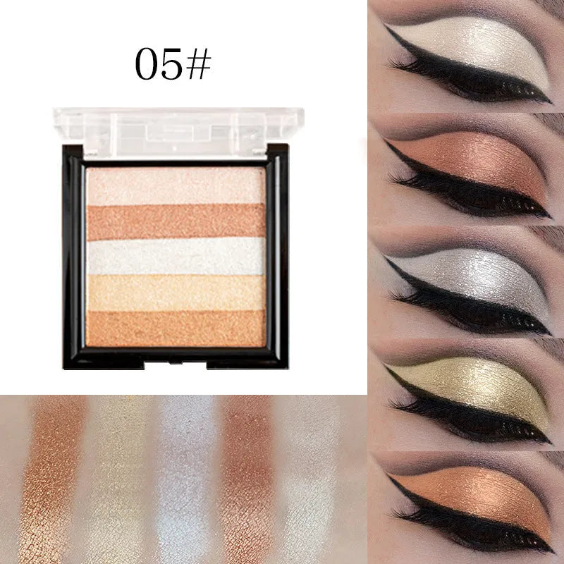 Eye shadow palette compact for highlighting and contouring, showing six colour style options with 12g net content.
