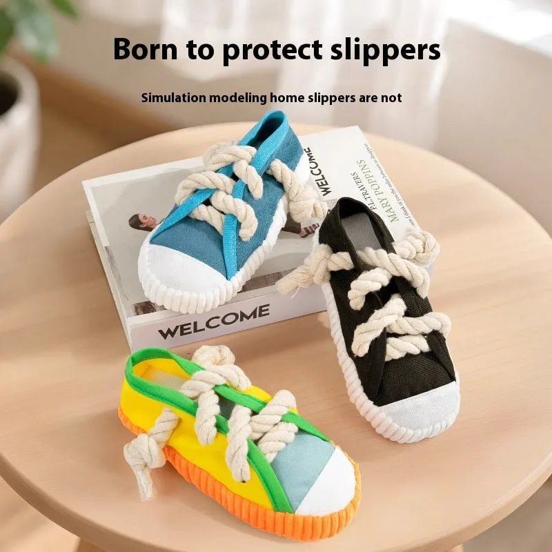 A bendable plastic dog slippers squeaker toy in yellow, black, or blue for chewing and play.
