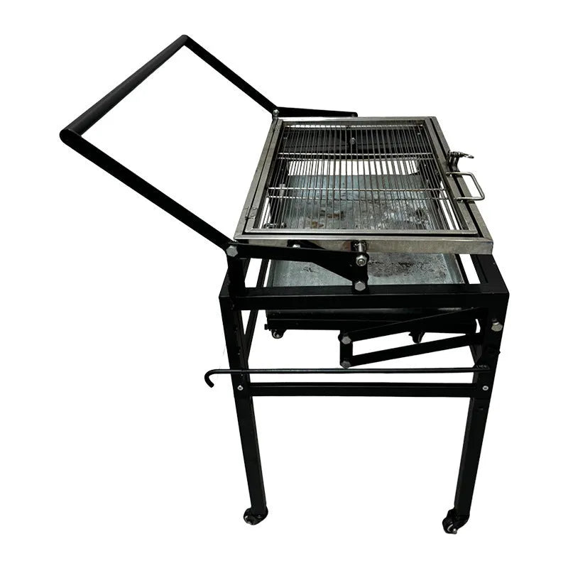 Large foldable charcoal BBQ stove set up in a garden.