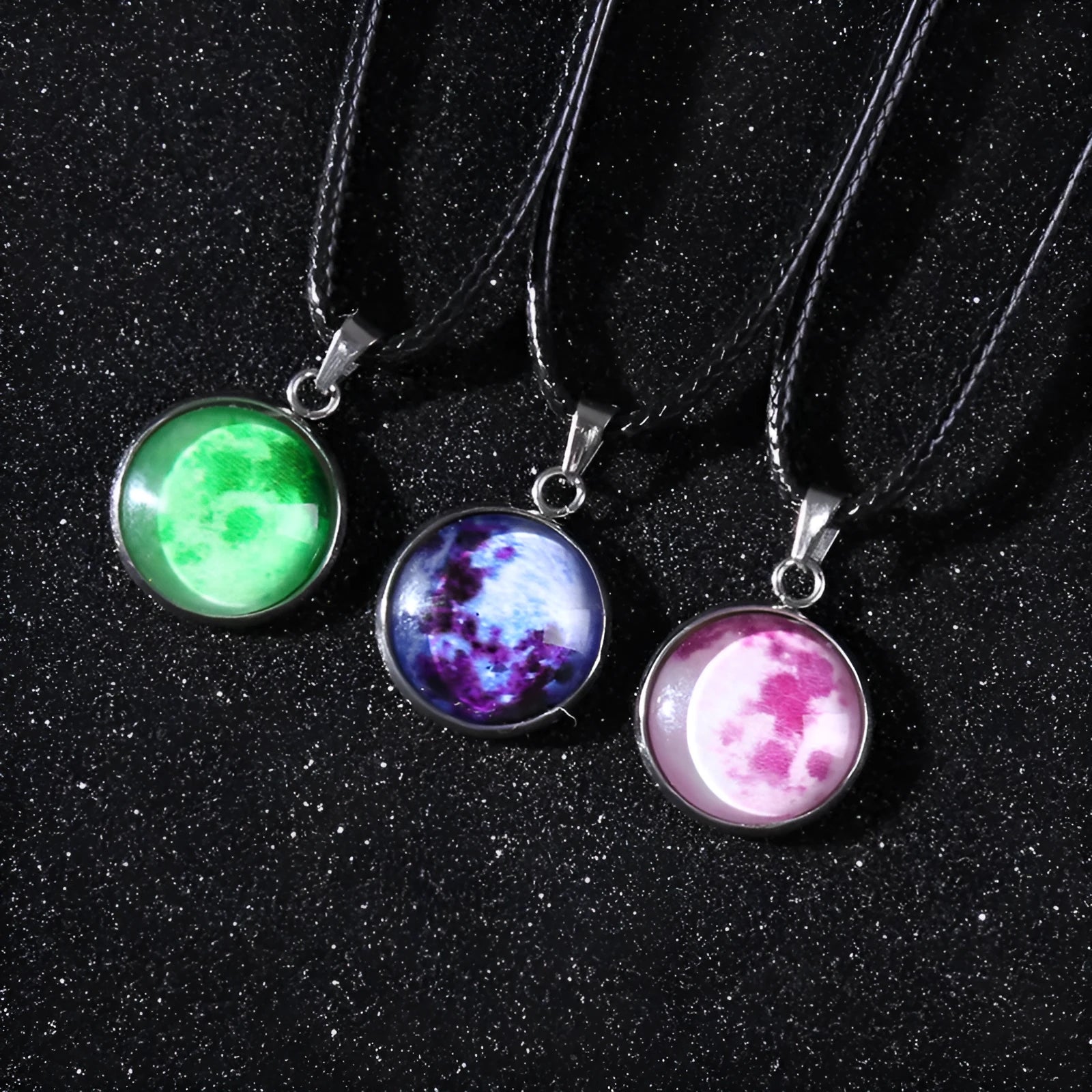 Christmas moon night sky constellation pendant necklace with glass and coloured glaze details on adjustable chain