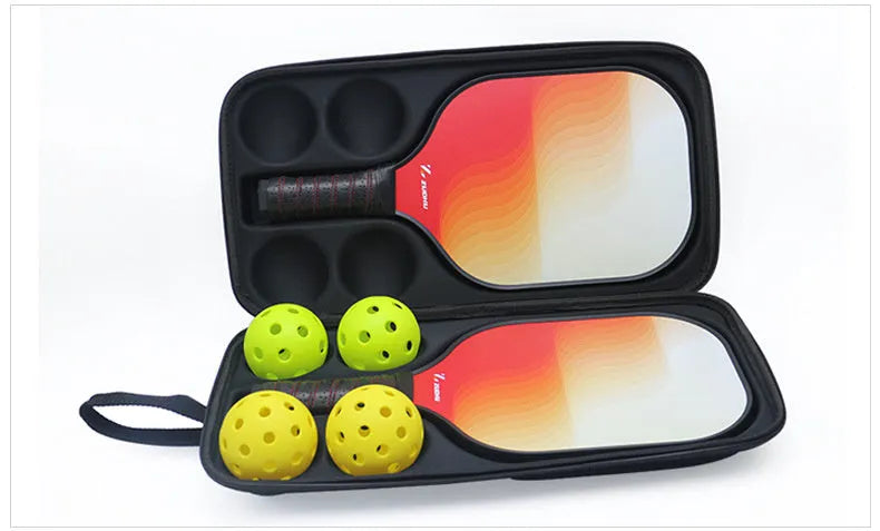 Black EVA pickleball storage bag with shoulder straps, holding one paddle and four balls.