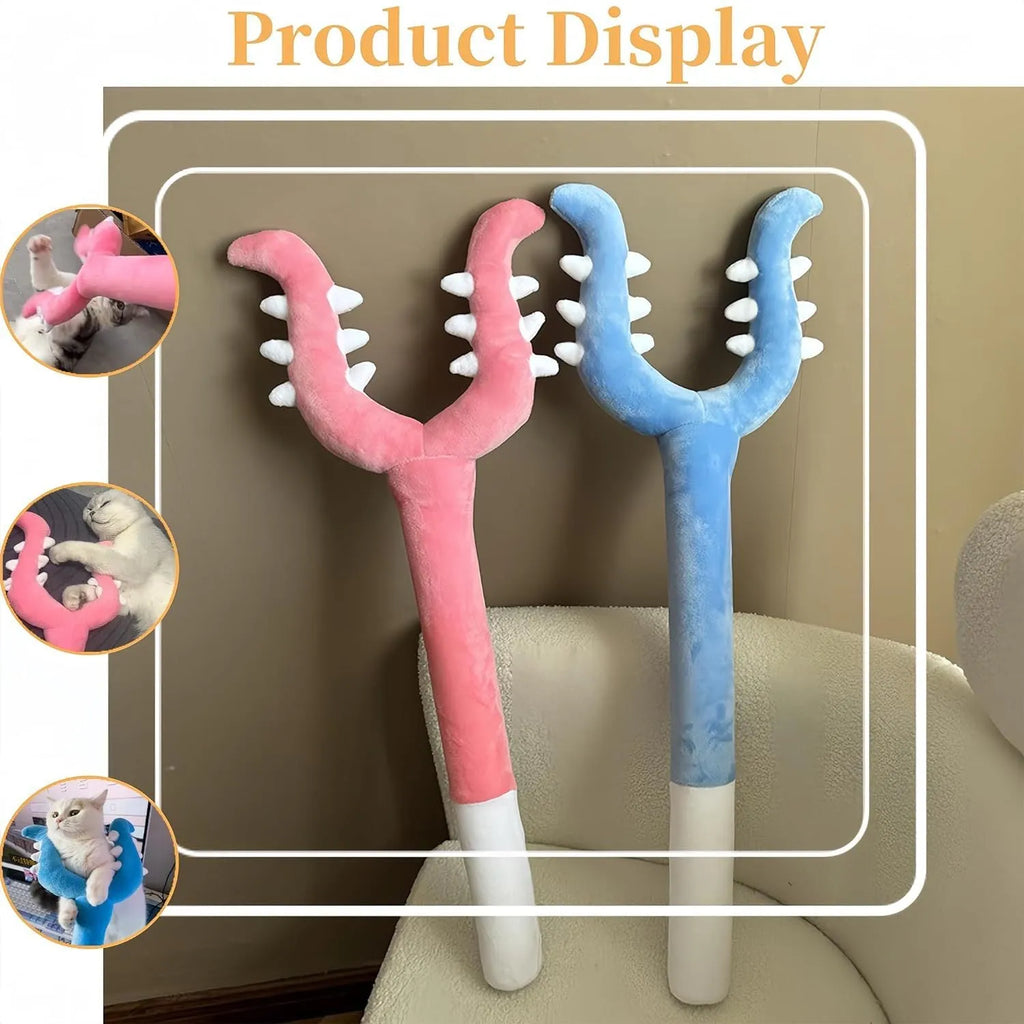 Blue and pink plush cat wand toys showing 70cm length with plush wrapping
