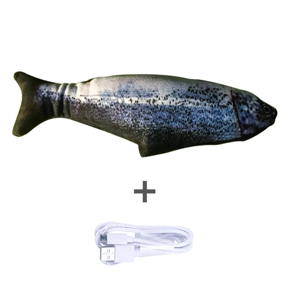Multicolour electronic fish cat toy measuring 30cm with USB charging cable