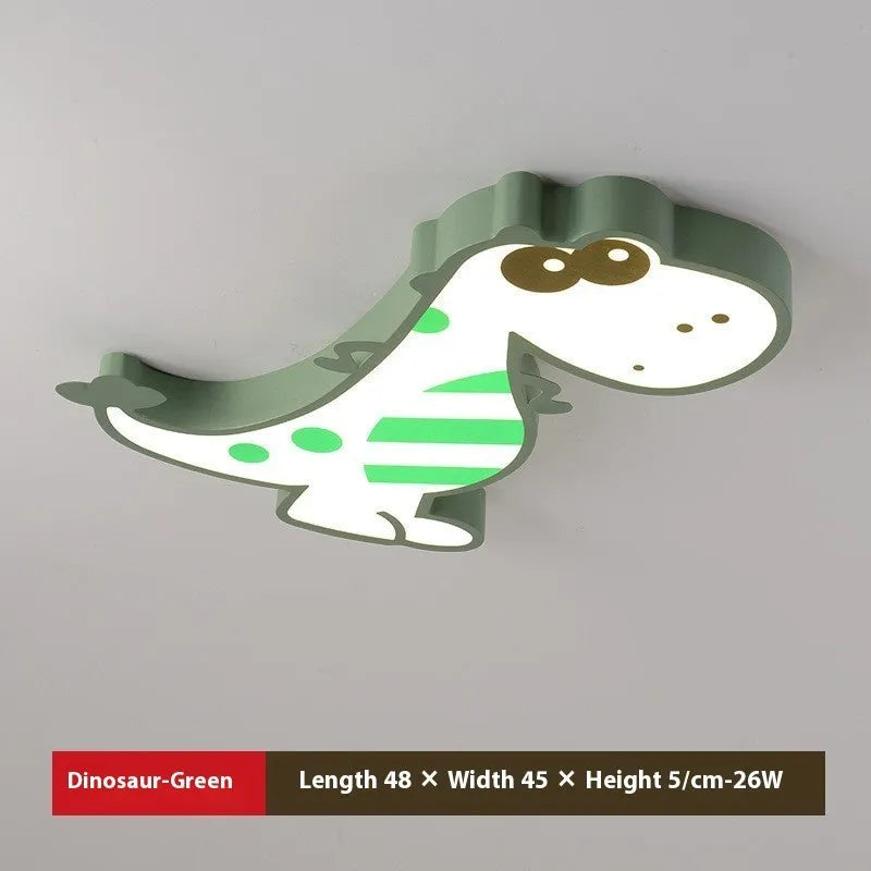48cm cartoon dinosaur ceiling light with aluminum body and white PVC shade, showing dimmable LED lighting.