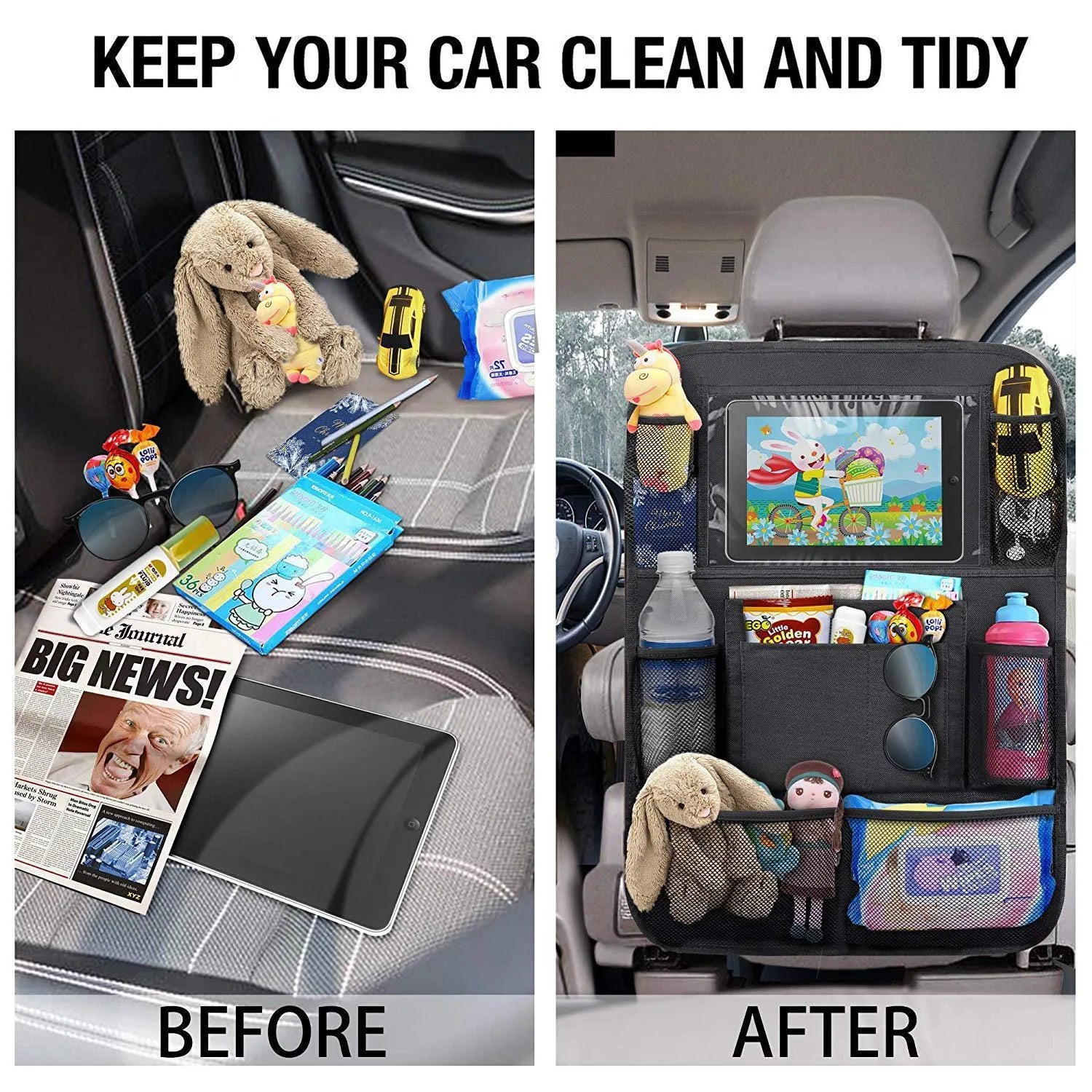 Black car seat back storage pouch with 9 storage bags and transparent iPad touch screen pocket hanging on a car seat back