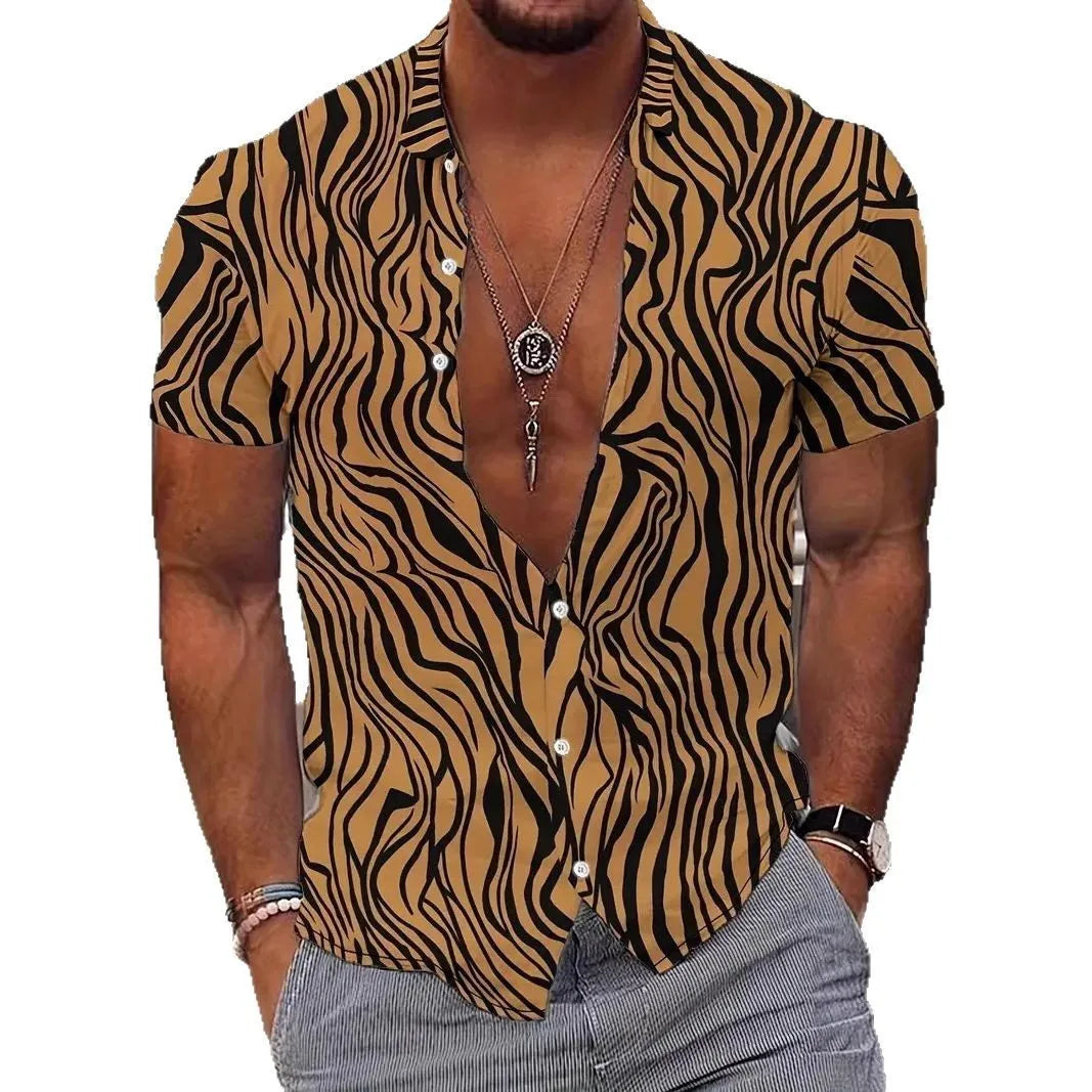 Men's slim fit geometric print short sleeve shirt with lapel collar in a light colour.