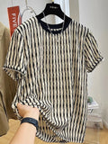 Men's black striped loose short sleeve shirt made from silk and linen blend fabric