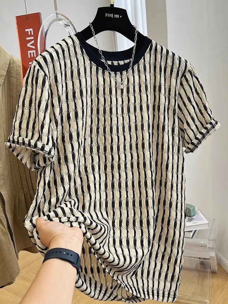 Men's black striped loose short sleeve shirt made from silk and linen blend fabric