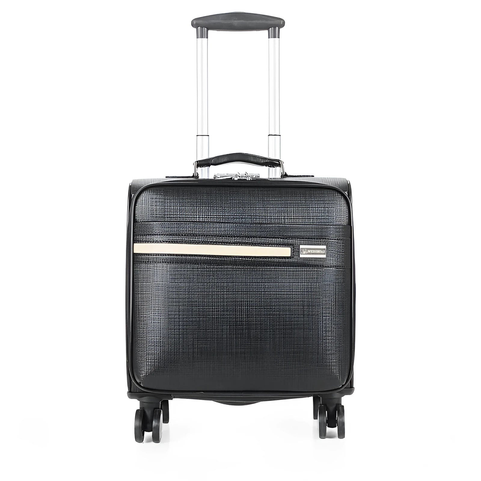 18-inch black wheeled business case with combination lock on airport trolley