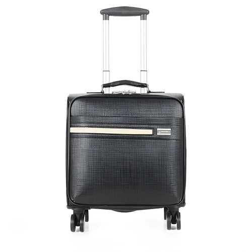 18-inch black wheeled business case with combination lock on airport trolley