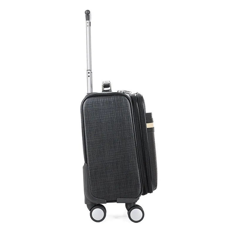 18-inch black wheeled business case with combination lock on airport trolley