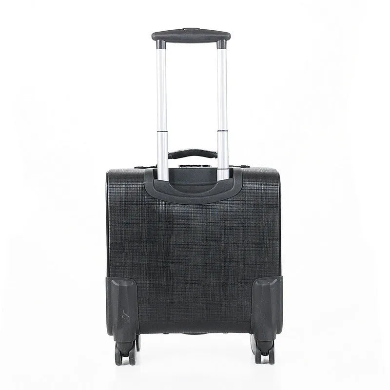 18-inch black wheeled business case with combination lock on airport trolley