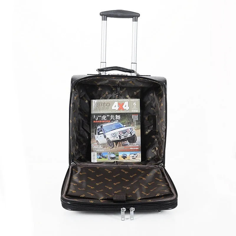 18-inch black wheeled business case with combination lock on airport trolley