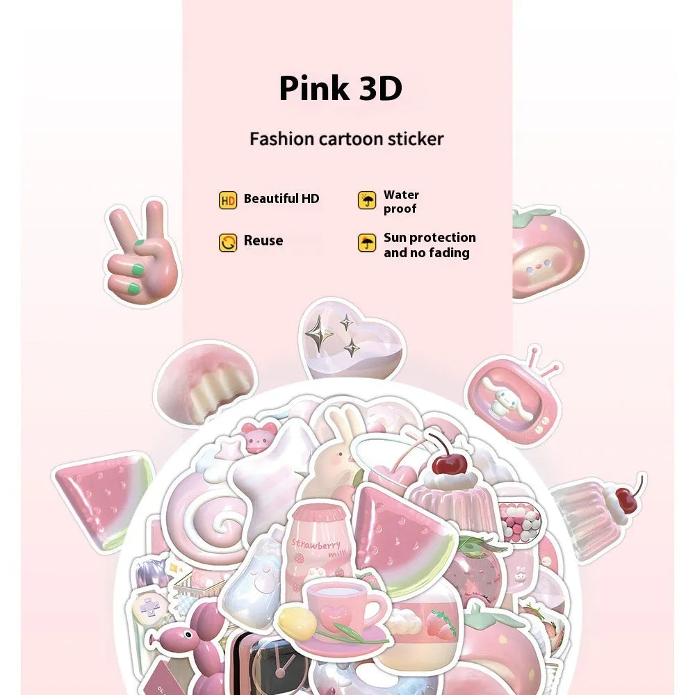 Pack of 63 cute pink heart decorative stickers with realistic 3D print on a sheet.