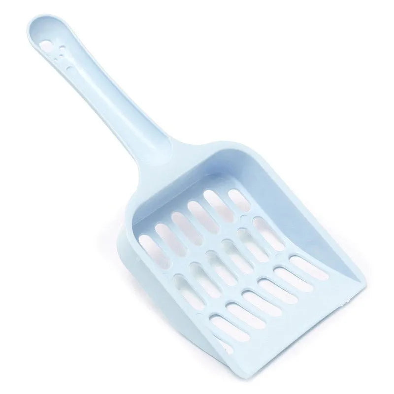 Blue plastic cat litter scoop for pets, 20 cm long, on a white background.
