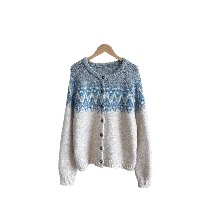Women's loose-fit jacquard knit sweater coat in beige, shown with long sleeves.