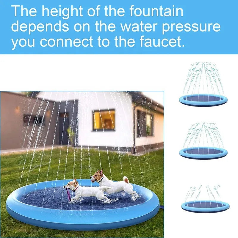 A large blue dog splash pad with a textured bottom, filled with shallow water.