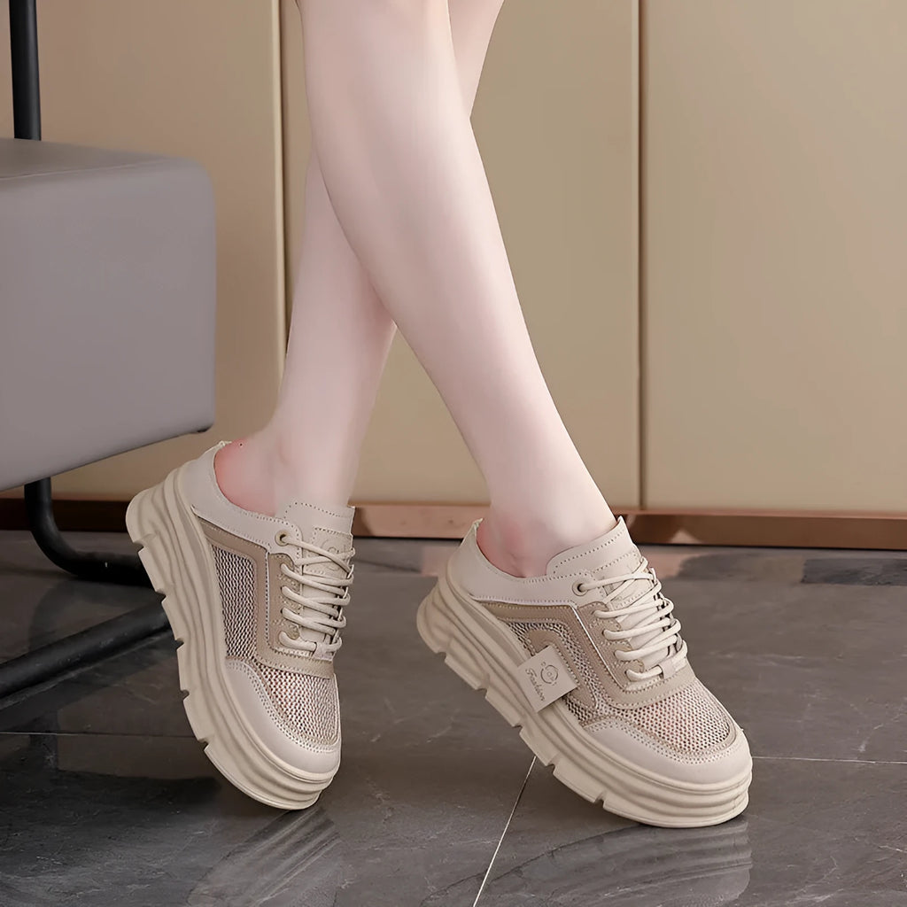 Women's mesh half slippers in black, khaki, or white with round toe and rubber sole