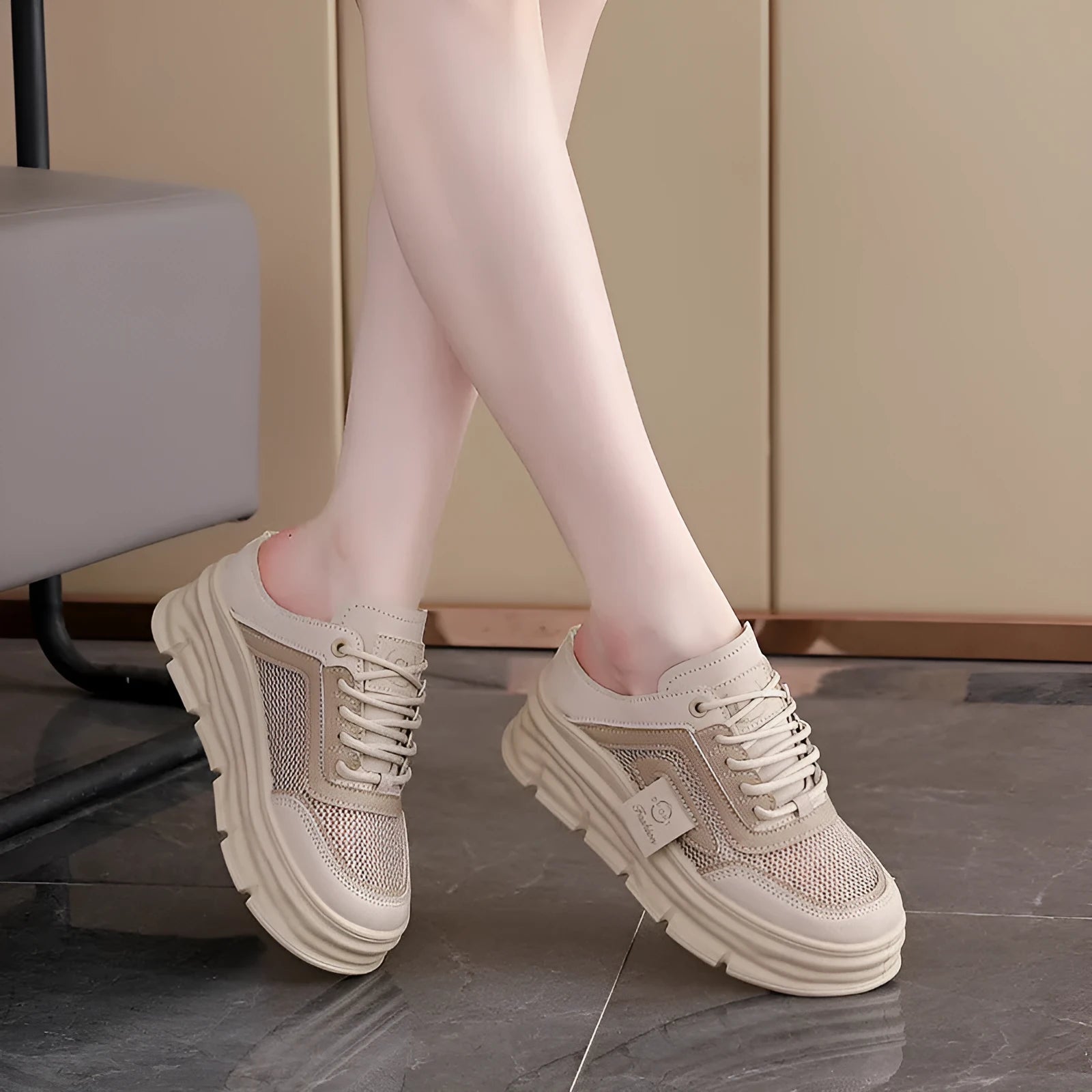 Women's mesh half slippers in black, khaki, or white with round toe and rubber sole