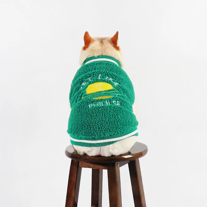 Green fleece-lined cotton winter dog clothing shown on medium to extra large breed