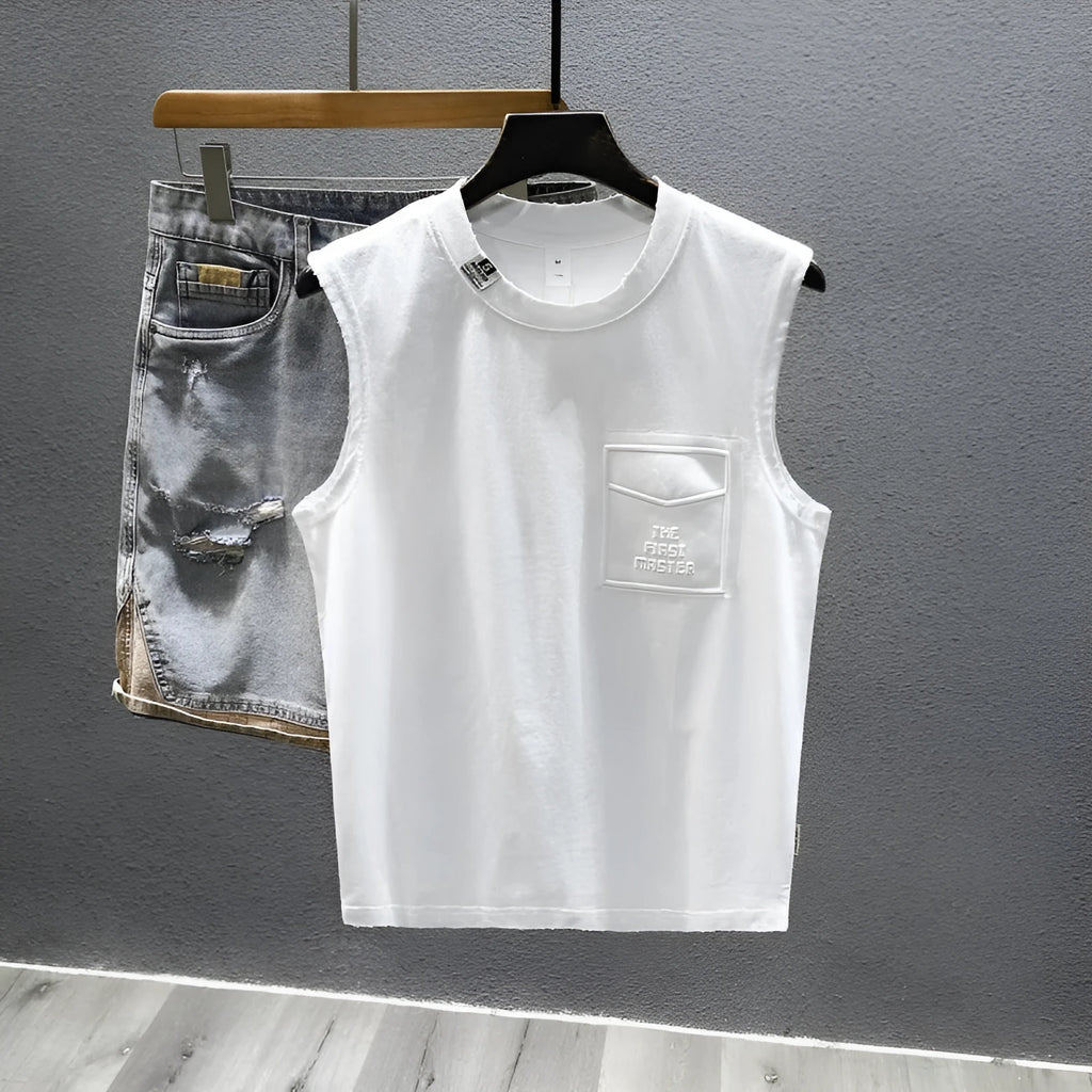 A man's solid black loose-fit cotton sleeveless T-shirt with a straight hem, laid flat.