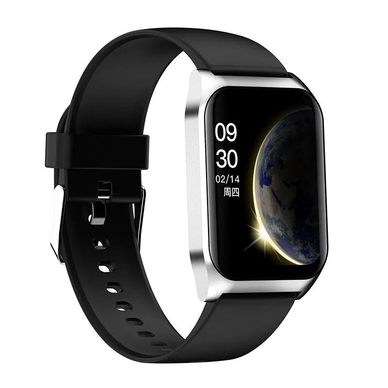 Smart watch with 1.69-inch screen showing heart rate data, worn on silicone wrist strap