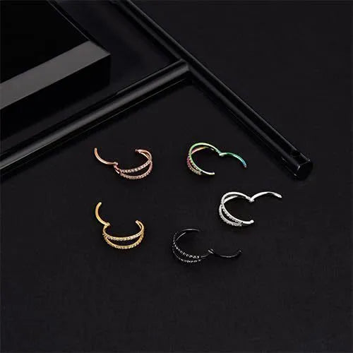 G23 titanium alloy nose ring earring with zircon detail in steel or gold colour, showing gauge and length options.