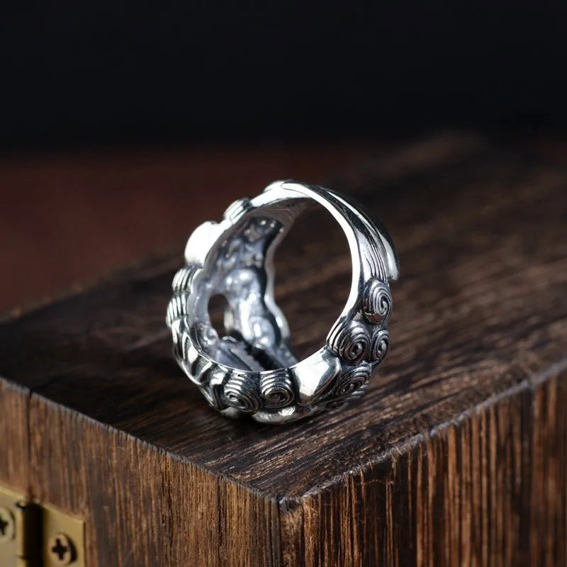 Silver open ring with Jibeast pattern and animal zodiac design in retro style