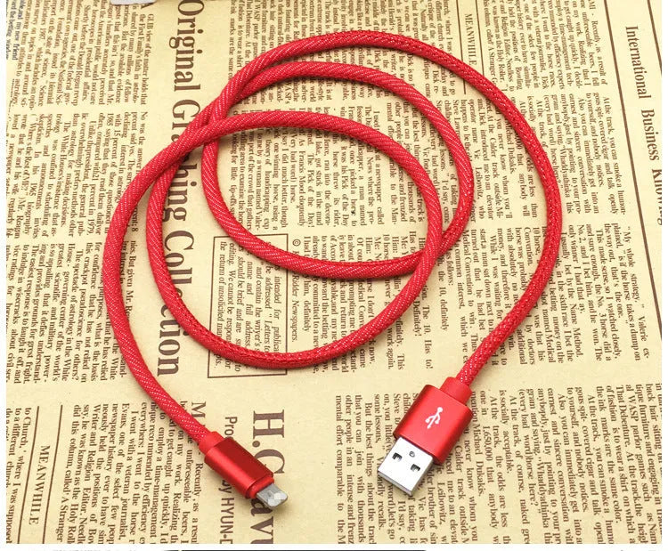 USB Type-C charging cable with blue denim fabric sleeve and aluminium connector.