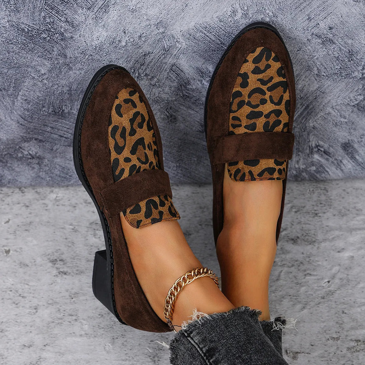 Women's leopard print suede slip-on shoes with pointed toe and chunky mid heel