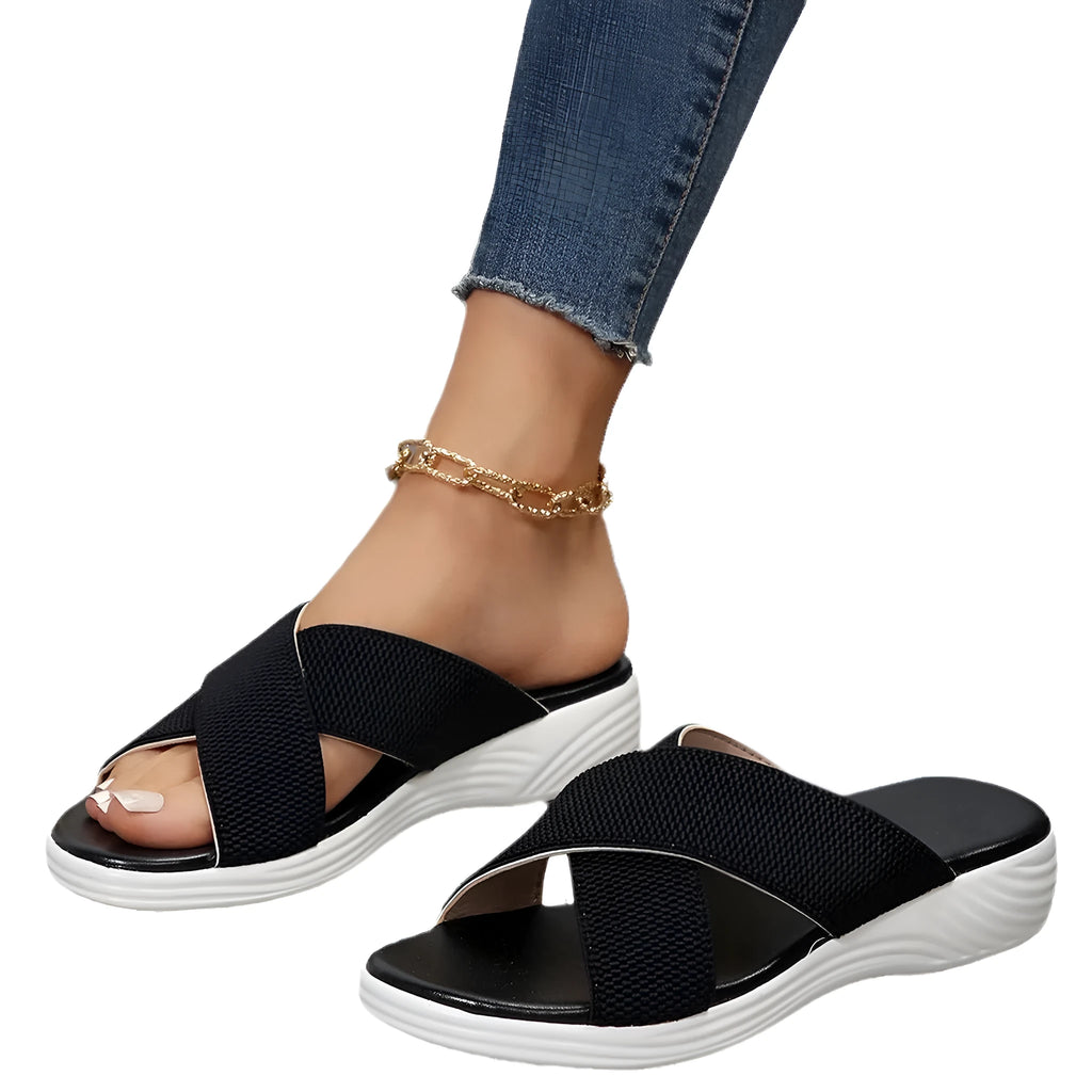 Women's black peep-toe wedge slippers with thick rubber sole showing fish mouth scaffold shape