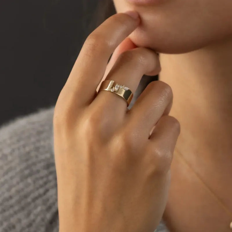 Women's gold electroplated ring with shining zircon stones on copper band