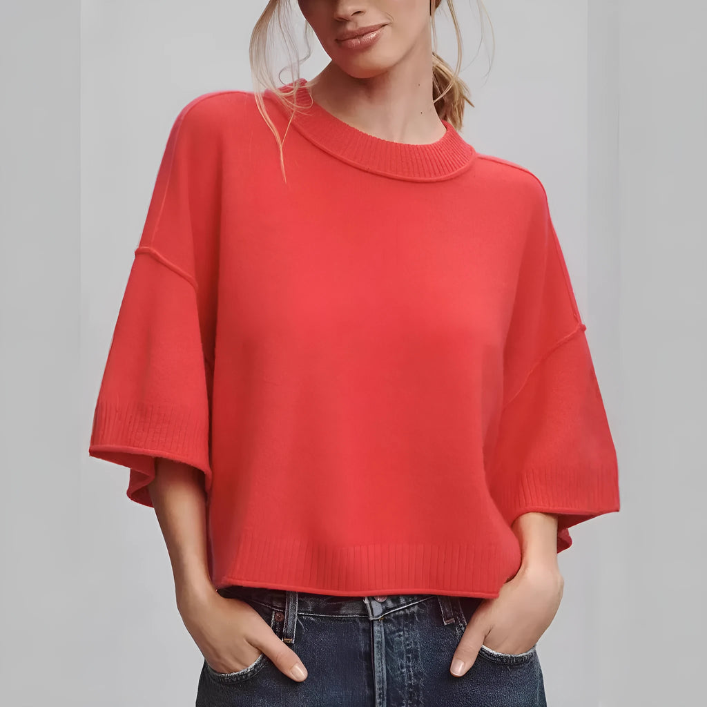 Women's red short t-shirt with V-neck and regular sleeves on white background