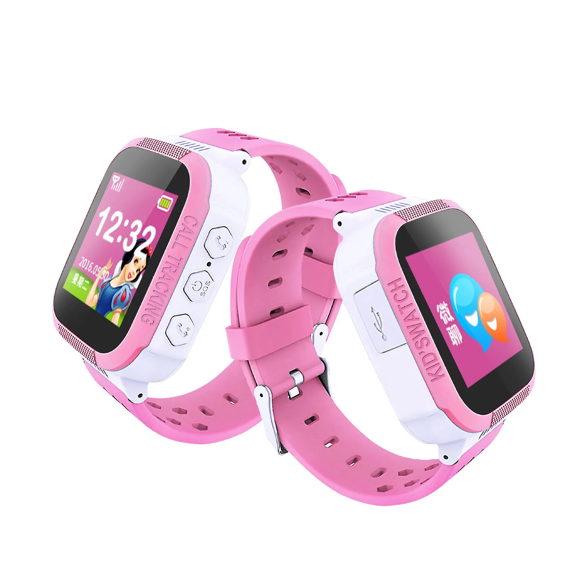 Blue and Pink children's phone watch showing 1.44-inch IPS screen on a wrist.