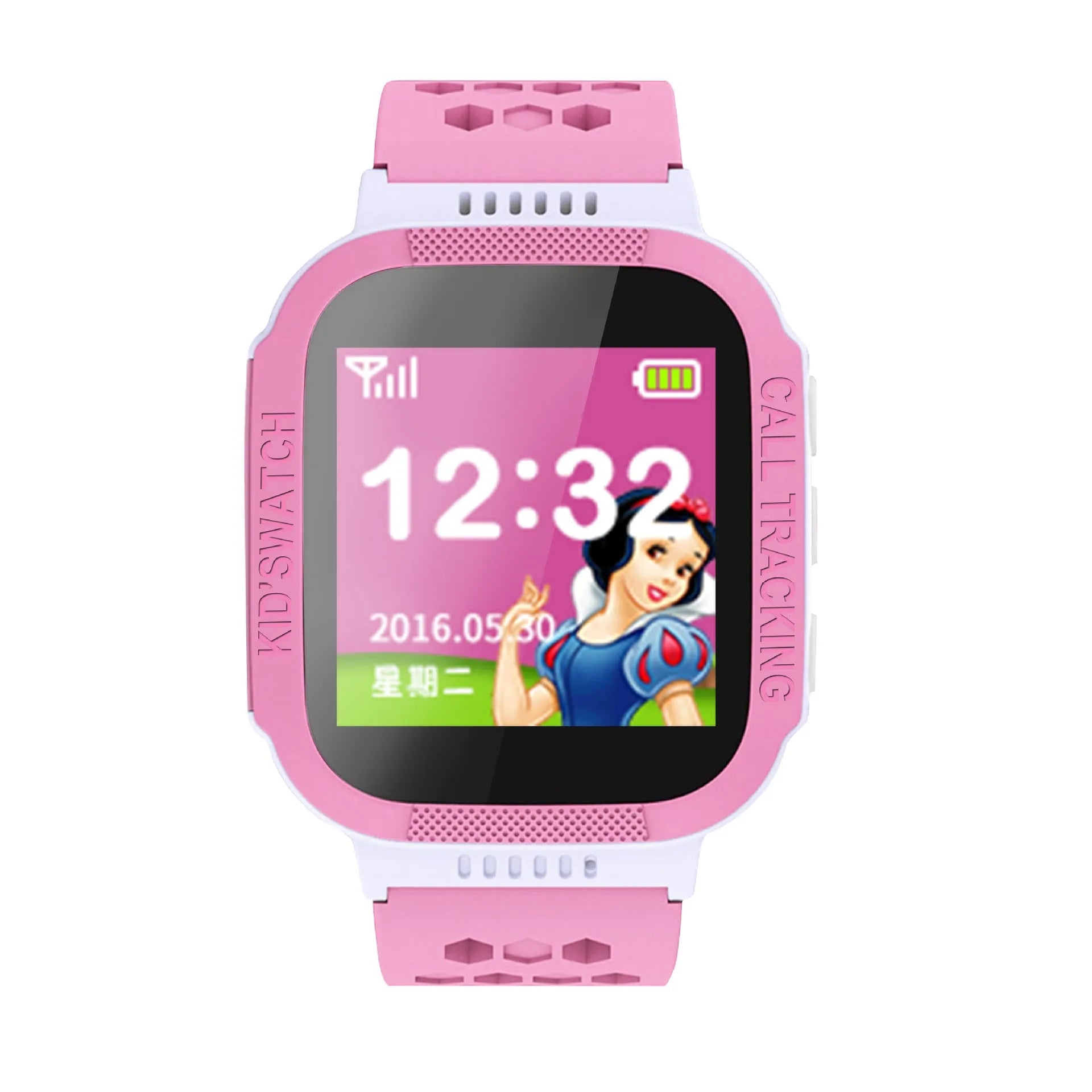 Blue and Pink children's phone watch showing 1.44-inch IPS screen on a wrist.